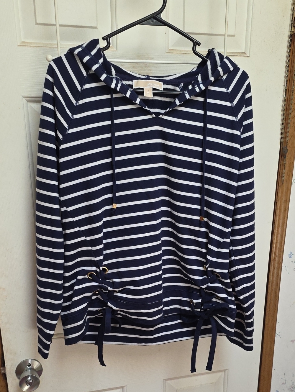 Michael Kors Navy and White Striped Hooded Sweatshirt